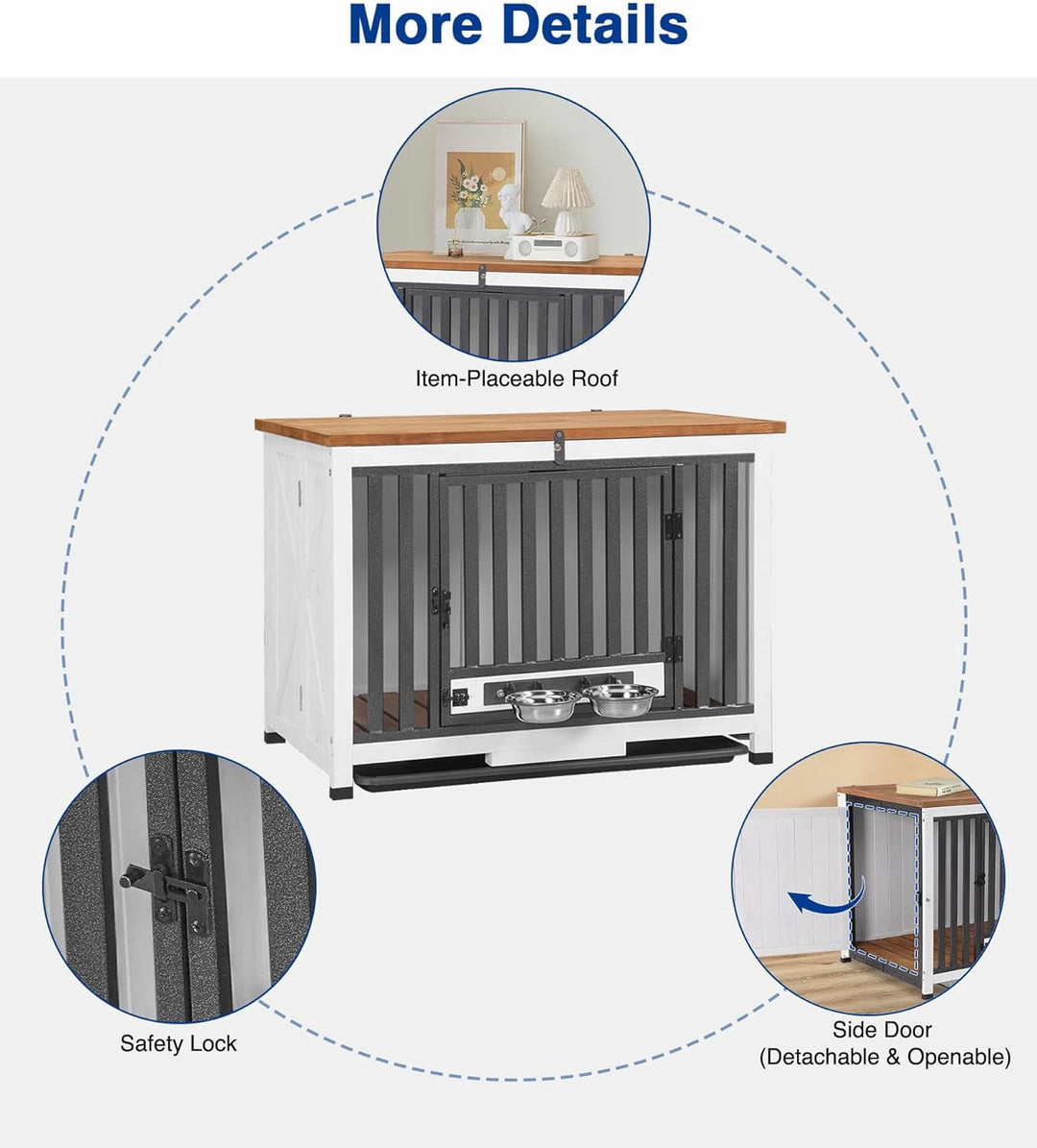 MEDEHOO Dog Crate Furniture, Foldable Wooden Dog Kennel Furniture with 360° Rotating Feeding Bowls, Iron Frame Dog Crate with Deepened Sliding Tray, 33" L - White Brown