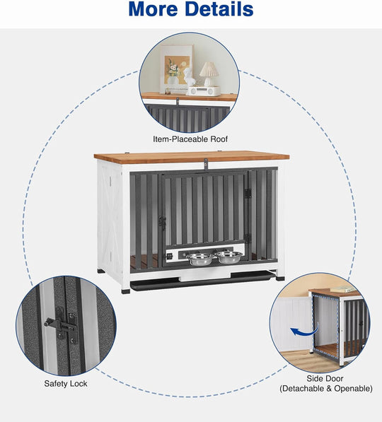 MEDEHOO Dog Crate Furniture, Foldable Wooden Dog Kennel Furniture with 360° Rotating Feeding Bowls, Iron Frame Dog Crate with Deepened Sliding Tray, 33" L - White Brown