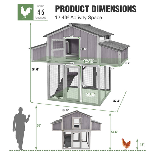 MEDEHOO Large Chicken Coop with Unique Folding Design for 4-6 Chickens - Elevated Outdoor Chicken House Backyard Duck Cage with 2 Nesting Boxes, Easy Clean Pull-Out Tray, Asphalt Roof