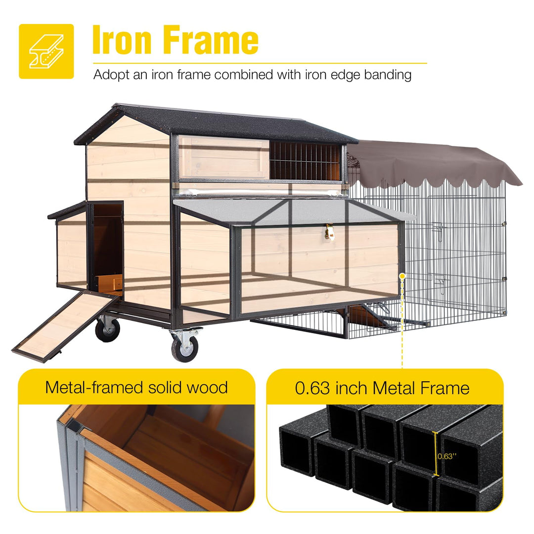 MEDEHOO Extra Large Mobile Chicken Coop with Run, Portable Chicken Tractor with Wheels, Hen House Poultry Cage with All-Around Iron Frame, Metal Sliding Tray, 6 Nesting Boxes for 6-10 Chickens