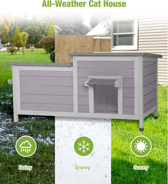 MEDEHOO Outdoor Cat House Weatherproof, Large Cat Shelter with Openable Roofs, Feral Kitty Shelter with Elevated Base, PVC Curtain AIR93-AD-WM