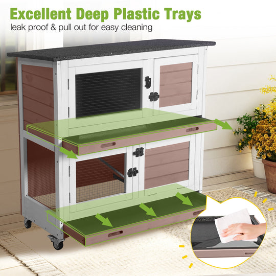 MEDEHOO Wooden Rabbit Hutch Indoor Outdoor Rabbit Cage with Two Removable Trays Bunny Cage on Wheels Pet House Guinea Pig Cage 2 Story (Brown)