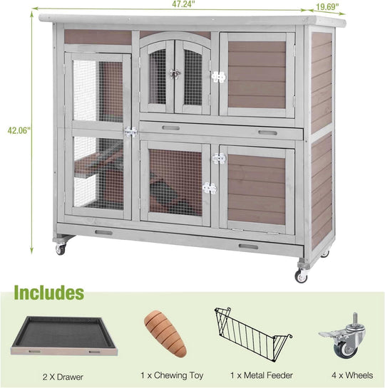MEDEHOO 2-Tier Indoor Rabbit Hutch Bunny Hutch Guinea Pig Cage with Plastic Trays, Wheels &amp; Ramp 47.2" Multi-Door Wooden Rabbit Cage for Rabbits, Bunnies, and Guinea Pigs (Brown) AIR006-D-WM