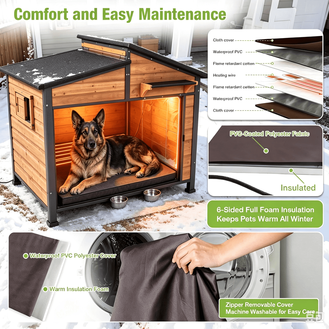 MEDEHOO Heated Dog House Outdoor, Extra Large Insulated Weatherproof Kennel with Heating Pad &amp; Chew-Proof Metal Frame