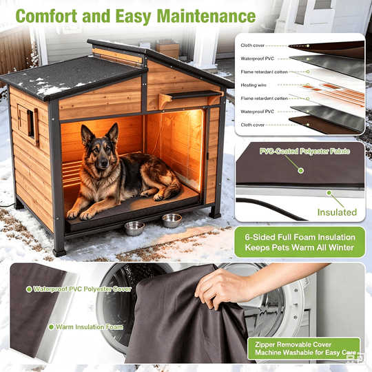 MEDEHOO Heated Dog House Outdoor, Extra Large Insulated Weatherproof Kennel with Heating Pad &amp; Chew-Proof Metal Frame