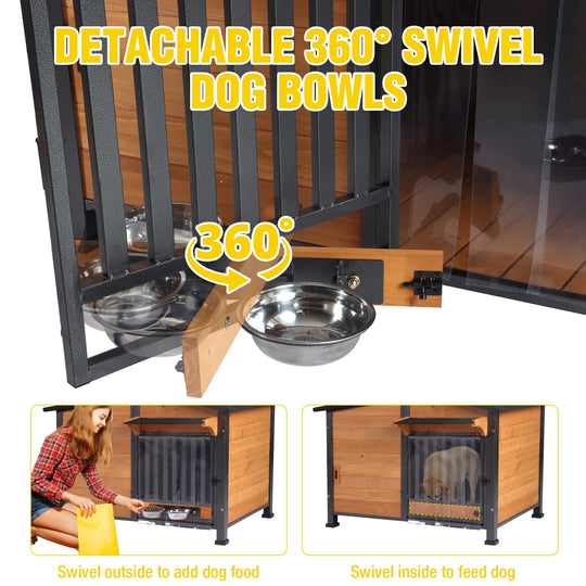 MEDEHOO Extra Large Heated Dog House Outdoor Insulated Dog Kennel Winter Shelter with Safe Heating Pad, Chew-Proof Metal Frame, 6-Sided Thermal Liner for Large Dog Breeds (Brown) AIR7021-L-IN-HP-C11-WM