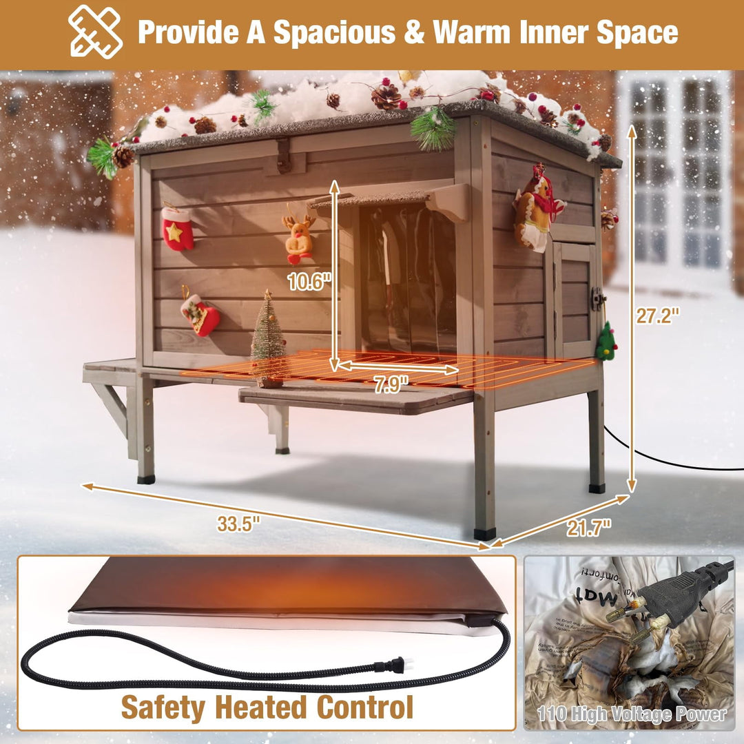 MEDEHOO Heated Cat House for Outside Cats Winter, 100% Waterproof Insulated Outdoor Cat Shelter with Heater &amp; Insulated Liner AIR91-IN-HPS-WM