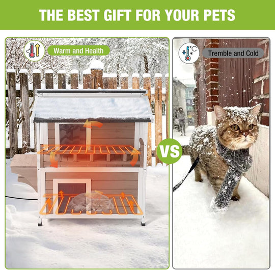 MEDEHOO Cat House for Outdoor Cats Large 2-Stroy Insulated Kitty Shelter with Heater for Winter,Waterproof Great for Indoor &amp; Outdoor Use,Brown