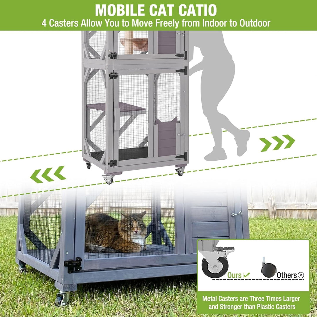 MEDEHOO Cat House Outdoor Catio for Cat Enclosure on Wheels 62.5" Large Kitty Shelter with Waterproof Cover,Indoor Cat Cage with Resting Room,Platforms AIRJO22-M