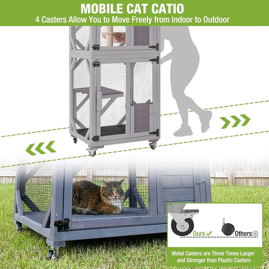 MEDEHOO Cat House Outdoor Catio for Cat Enclosure on Wheels 62.5" Large Kitty Shelter with Waterproof Cover,Indoor Cat Cage with Resting Room,Platforms AIRJO22-M