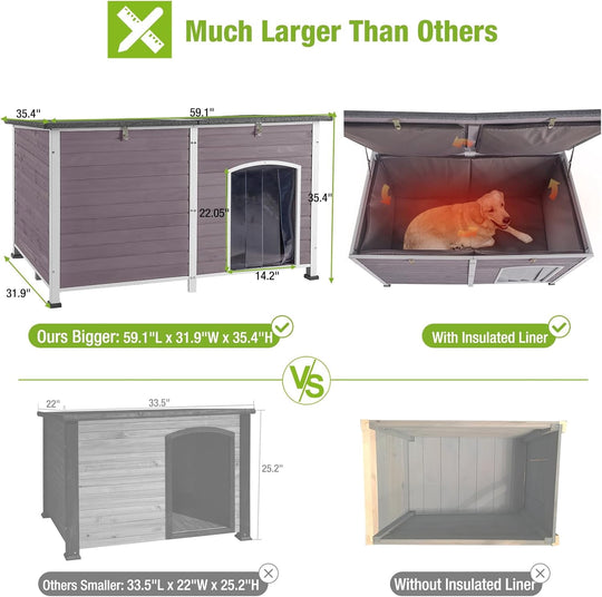 MEDEHOO Extra Large Insulated Outdoor Dog House with Insulated Liner for Winter, Weatherproof Dog Kennel with All-Around Iron Frame for Small, Medium, and Large Dog (Gray) AIR064-IN-WM