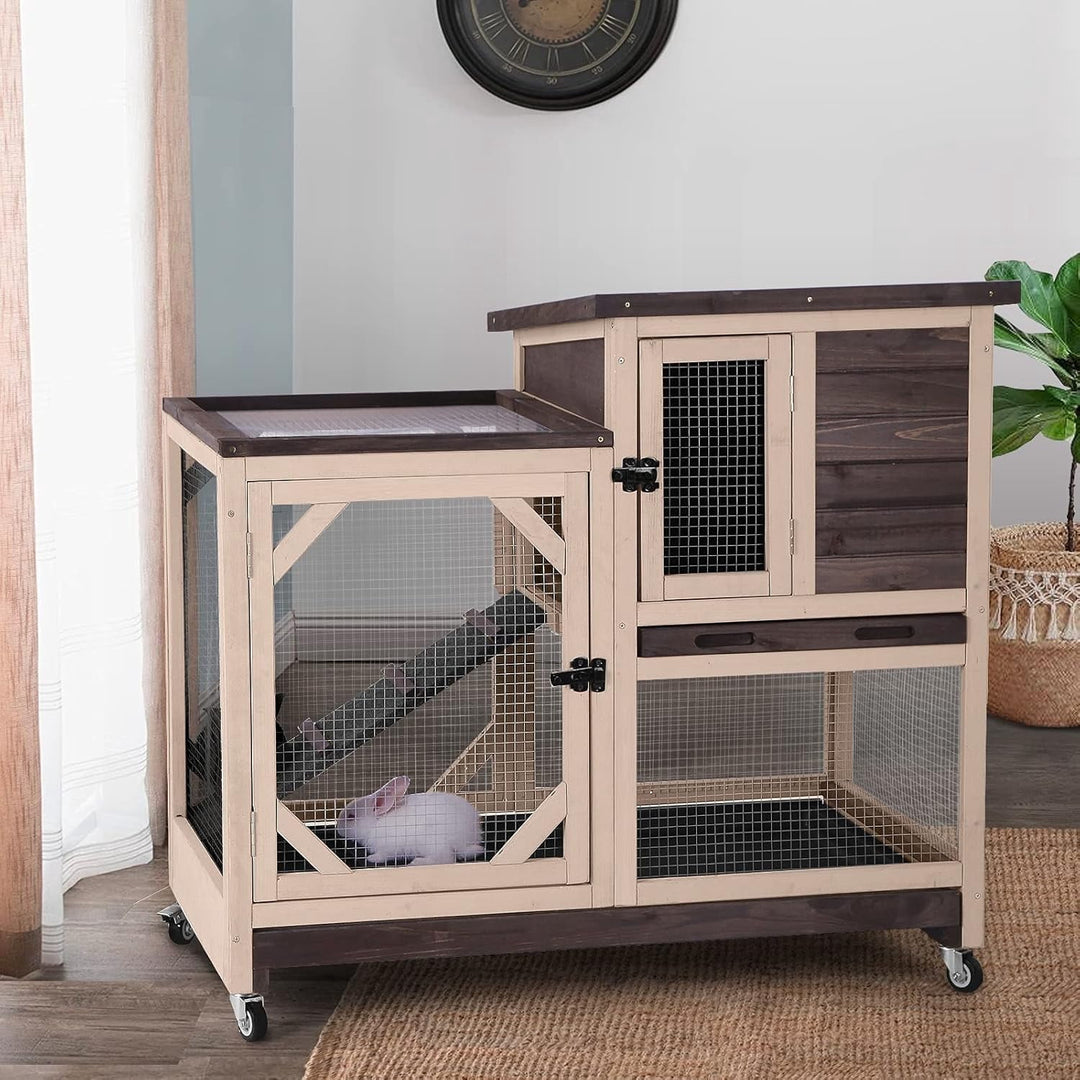 BUTINGLALE Indoor Outdoor Rabbit Hutch, Bunny Cage on Wheels with 2 Deep No Leakage Pull Out Trays (Without Bottom Wire Mesh-Coffee) XZ7001-2