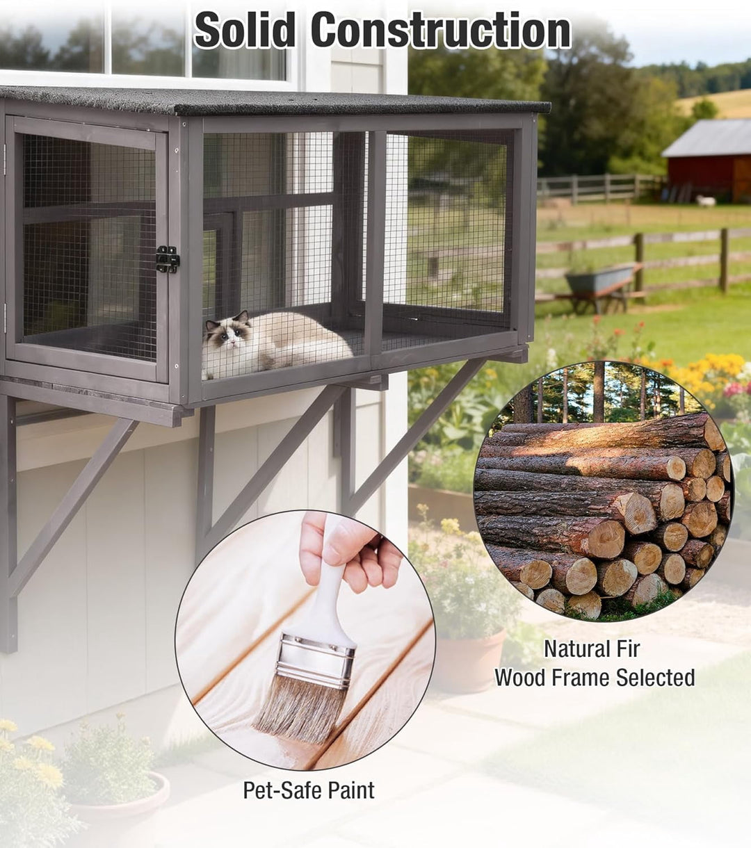 MEDEHOO Cat Window Box, Window Catio Outdoor Cat Enclosure - Weatherproof &amp; UV-Resistant Wooden Catio with 360° Unobstructed View, Mosquito-Proof Design