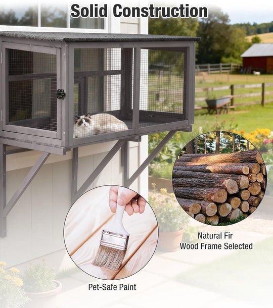 MEDEHOO Cat Window Box, Window Catio Outdoor Cat Enclosure - Weatherproof &amp; UV-Resistant Wooden Catio with 360° Unobstructed View, Mosquito-Proof Design