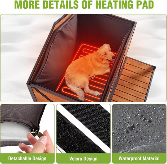 Heated Outdoor Dog House Insulated Weatherproof Wooden Dog Kennel for Winter, Anti-Bite Dog Shelter with Heating Pad and Insulated Liner, Porch, Openable Roof and Removable Floor, Easy Cleaning