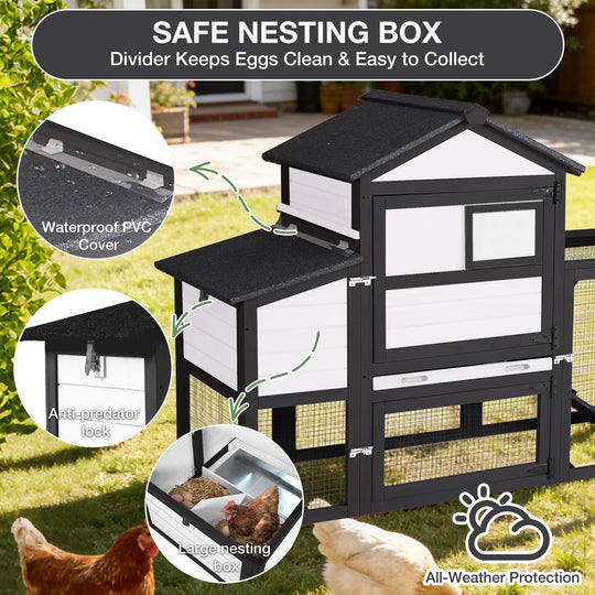 MEDEHOO Mobile Chicken Coop with Wheels for 4-6 Chickens, Backyard Expandable Chicken House Duck Cage with Run, 2 Nesting Boxes, Easy Clean Pull-Out Tray, Leak-Resistant Asphalt Roof, 82.4"