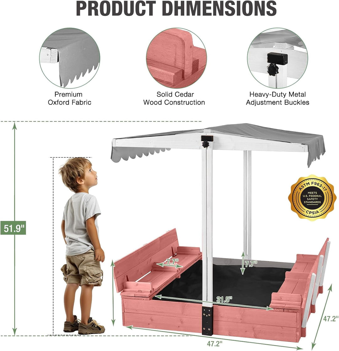 MEDEHOO 47.2"Sandbox with Lid and Cover for Kids Outdoor with 2 Foldable Bench Seats,  Adjustable Canopy and Sand Protection Liner, (Pink)