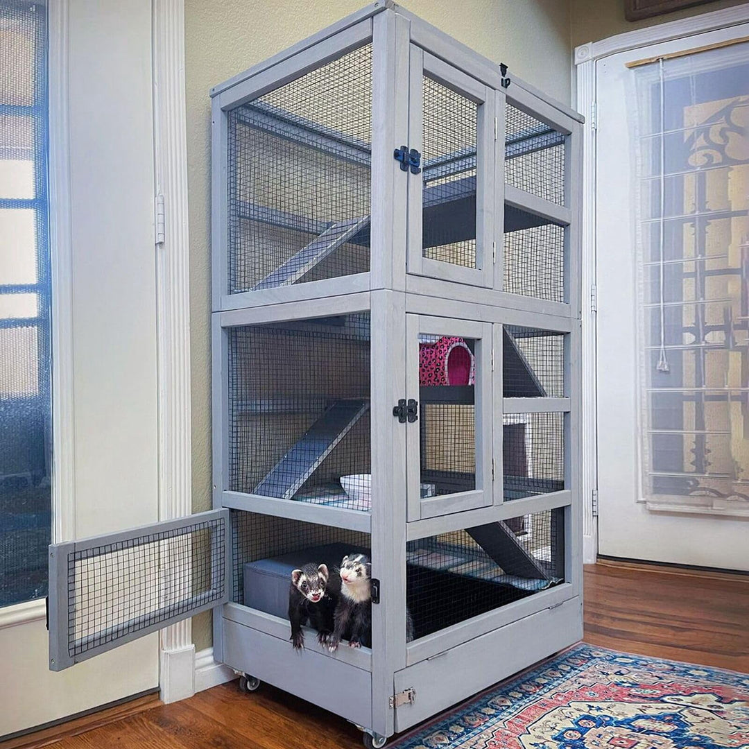 MEDEHOO Large Ferret Cage  5 Levels Chinchilla Cage with Wheels  Wooden Rat Cages Upgrade Metal Frame Guinea Pig House for Indoor Outdoor AIR38-NEW-WM