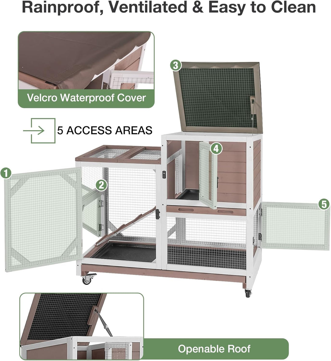 MEDEHOO Rabbit Hutch 2-Story Wooden Bunny Cage with 2 Leak-Proof Sliding Trays, Chew-Proof Metal Mesh, Rainproof Cover, Indoor &amp; Outdoor Guinea Pig House with Wheels - Brown AIR7013-B-AD-WM-WM