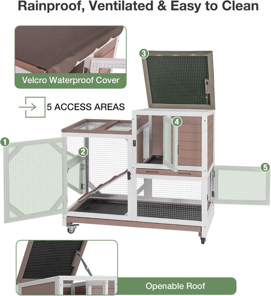 MEDEHOO Rabbit Hutch 2-Story Wooden Bunny Cage with 2 Leak-Proof Sliding Trays, Chew-Proof Metal Mesh, Rainproof Cover, Indoor &amp; Outdoor Guinea Pig House with Wheels - Brown AIR7013-B-AD-WM-WM