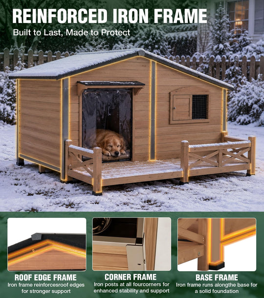 MEDEHOO Extra Large Heated Dog House for Outside with Iron Frame Camel with Reinforced Iron Frame Safety XXL Wooden Dog Kennel with Openable Roof for Outside Large Dogs Camel AIR7024-L-CG-IN-HP-2-L2-AD-WM