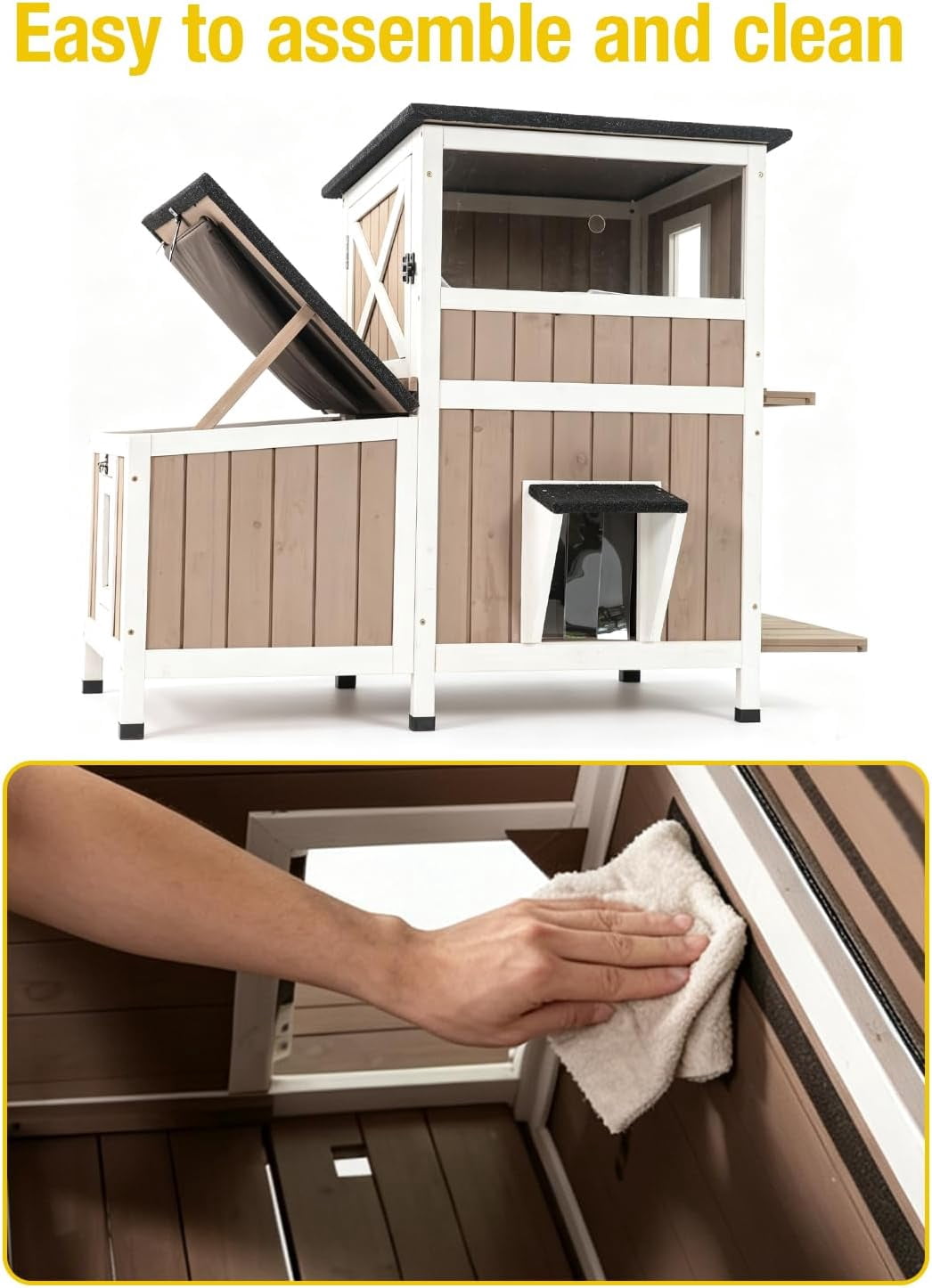 MEDEHOO Heated Insulated Cat House Outdoor with Liner in Winter, Outside Weatherproof Feral Cat Shelter with Escape Doors and Window Brown AIR7033-B-HP-ML-WM