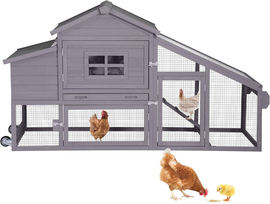 MEDEHOO Mobile Chicken Coop with Wheels, Outdoor Hen House with Leak-Proof Tray, UV-Resistant Roof &amp; Nesting Box for Chickens, Ducks, Rabbits (Grey)