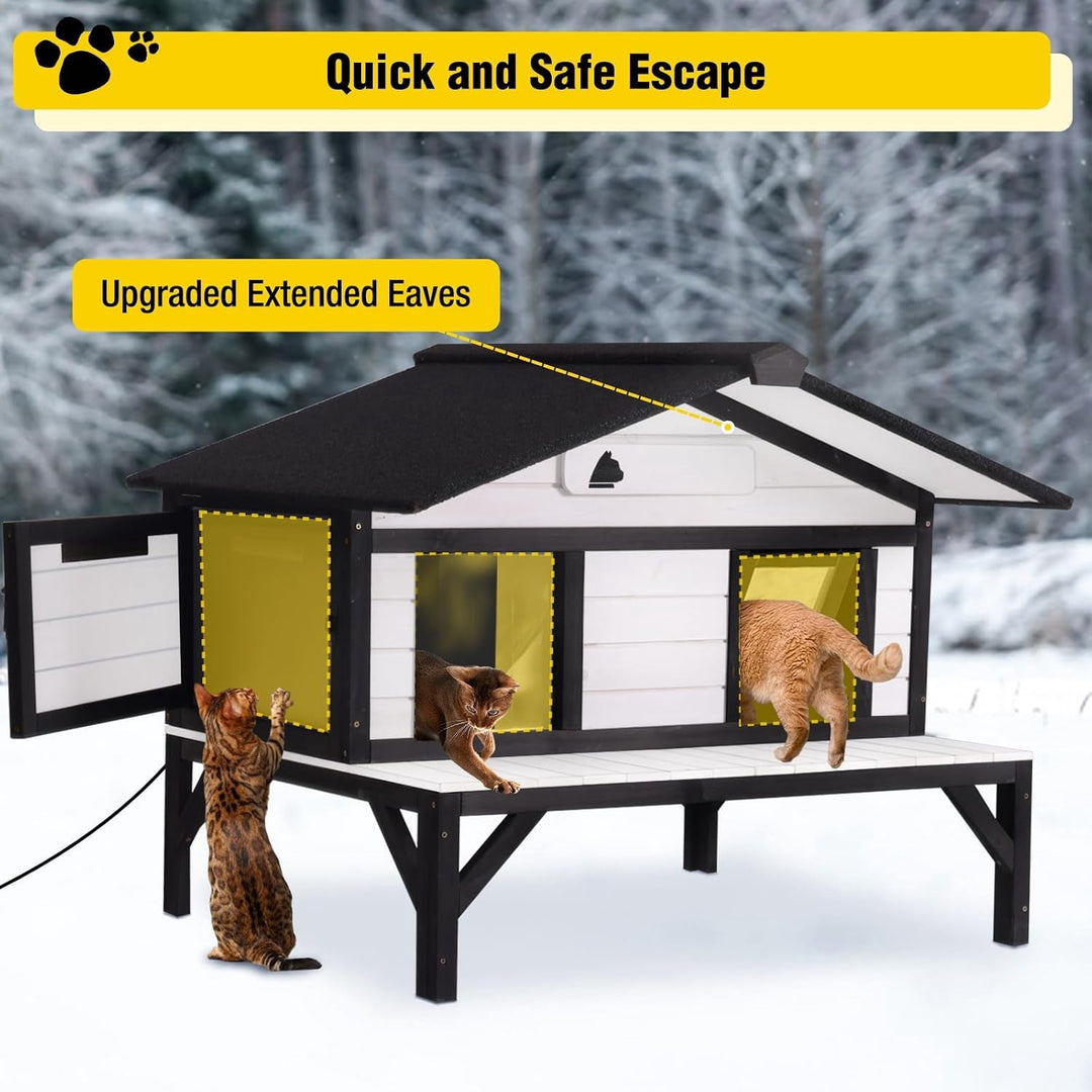 MEDEHOO Heated Outdoor Cat House, All-Sided Insulated Cat Shelter with Heating Pad, Weatherproof Winter Home with Escape Doors