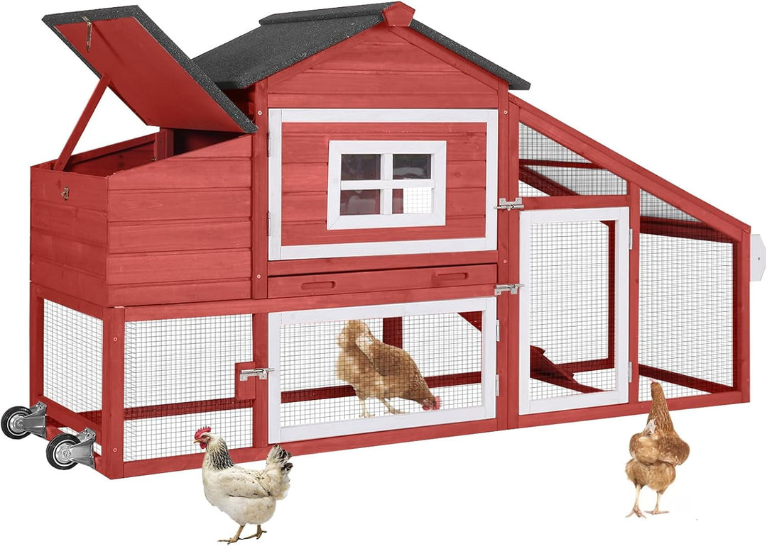 MEDEHOO Chicken Coop with Wheels, Outdoor Mobile Hen House with Leak-Proof Tray, UV-Resistant Roof &amp; Nesting Box for Chickens, Ducks, Rabbits (Red)