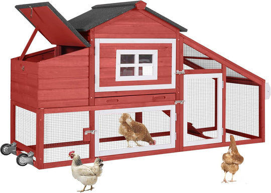 MEDEHOO Chicken Coop with Wheels, Outdoor Mobile Hen House with Leak-Proof Tray, UV-Resistant Roof &amp; Nesting Box for Chickens, Ducks, Rabbits (Red)