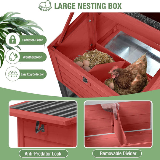 MEDEHOO 83" Large Chicken Coop for 4-6 Chickens, Mobile Hen House Outdoor Wooden Poultry Cage with Wheels Nesting Box Run, Red