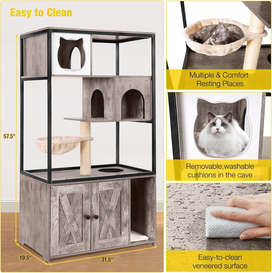 MEDEHOO Cat Litter Box Enclosure, Litter Box Furniture Hidden, Wooden Cat Washroom Furniture, Indoor Cat House with Condo, Hammock, Scratching Mat and Storage Shelves-Greige