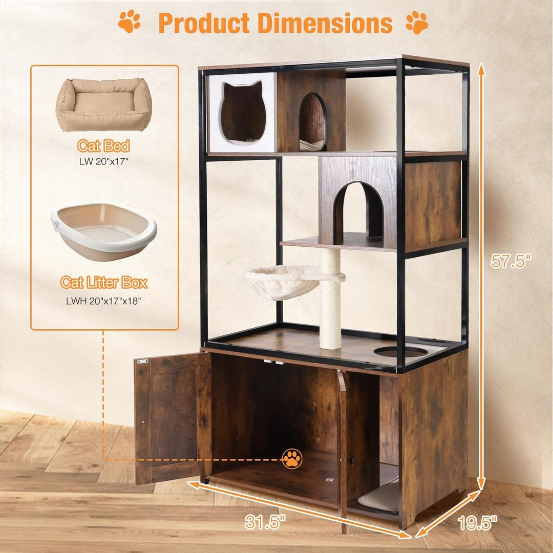MEDEHOO Cat Litter Box Enclosure,Hidden Litter Box Furniture with Metal Frame,Wooden Kitty House with Barn Door,Wooden Cat Washroom Furniture,Fit Most of Litter Box (Wood, M) AIR102-A111-WM