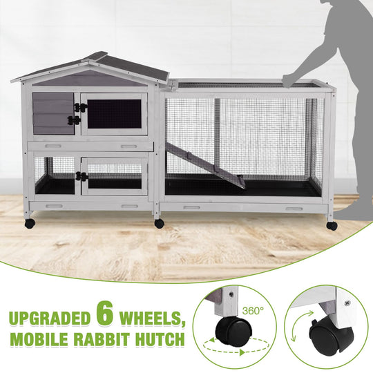 Rabbit Hutch 62" Mobile Bunny Cage Outdoor Indoor on Wheels with 3 Tray BSR199