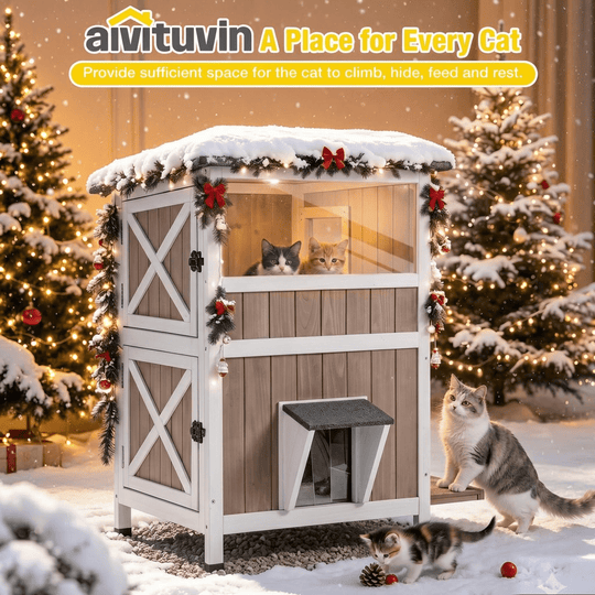 MEDEHOO 2-Story Heated Outdoor Cat House for Winter, Insulated Wooden Feral Shelter with Heating Pad, Liner &amp; Escape Doors, Brown