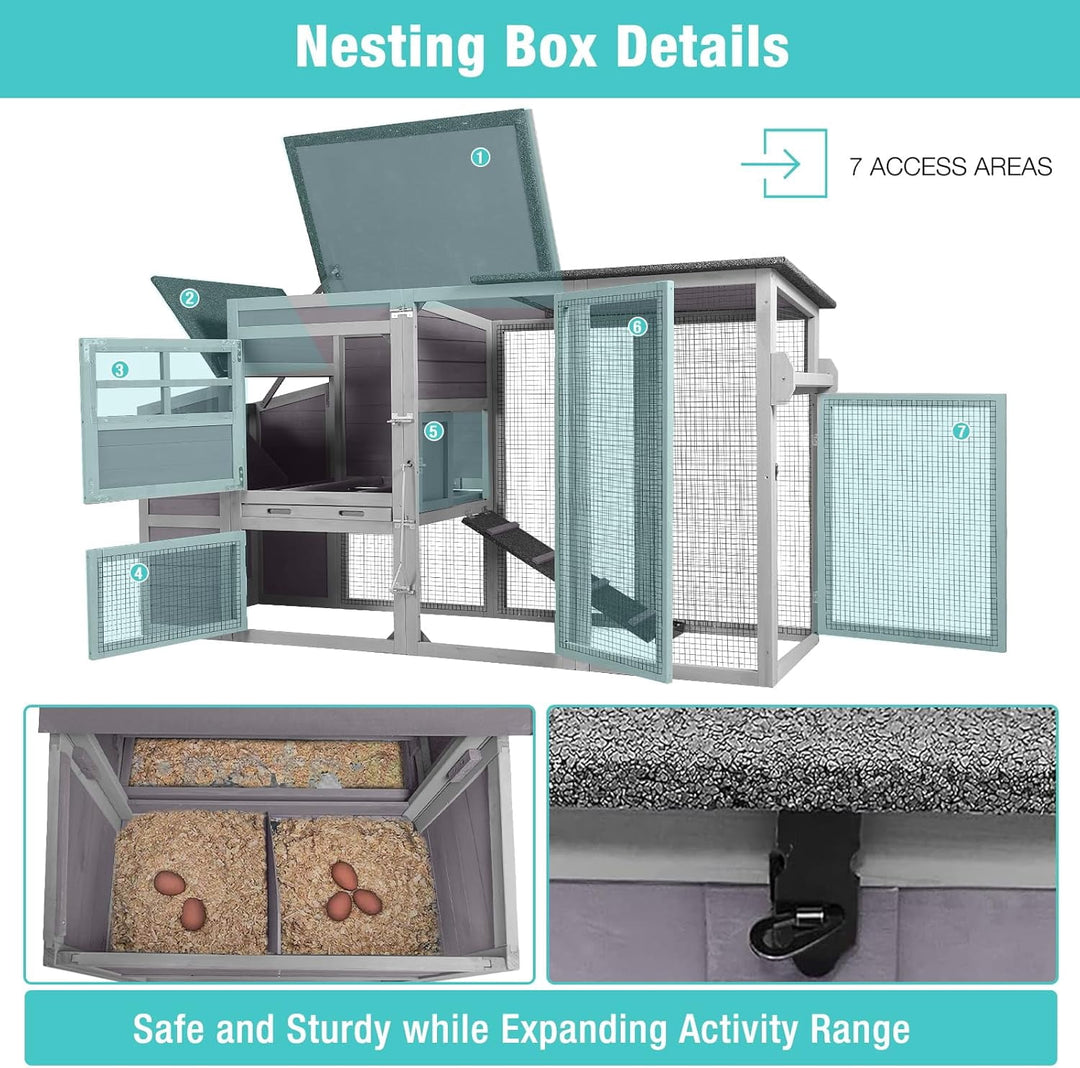 MEDEHOO Chicken Coop Extension Run, 78.4" L Large Outdoor Chicken House with Wheels, Wooden Poultry Cage with Nesting Box, Leakproof Tray, and Waterproof Roof AIR31-MA-WM