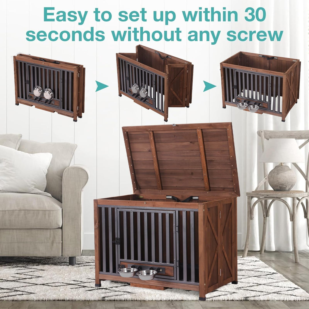 MEDEHOO Foldable Dog Crate – Indoor Kennel with Pull-Out Tray &amp; 2 Bowls, Wooden End Table for Medium Breeds (Brown)