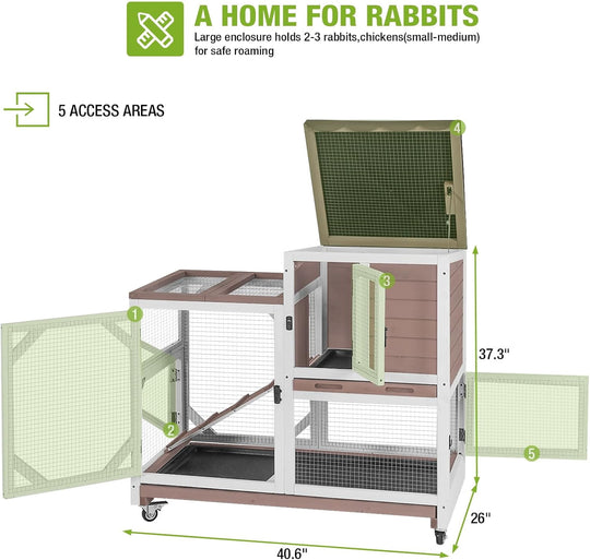 2-Story Rabbit Hutch Bunny Cage with Leak-Proof Trays &amp; Chew-Proof Ramp - Indoor/Outdoor 39.3" Wooden Rabbit Cage with Wheels (Brown)