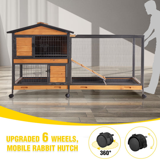 MEDEHOO 2-Story Rabbit Hutch with Chew-Proof Full Metal Frame for Indoor/Outdoor - 62" Bunny Cage with 6 Locking Casters &amp; 2 Pull-Out Trays for Rabbits, Guinea Pigs, Small Pets (Brown)