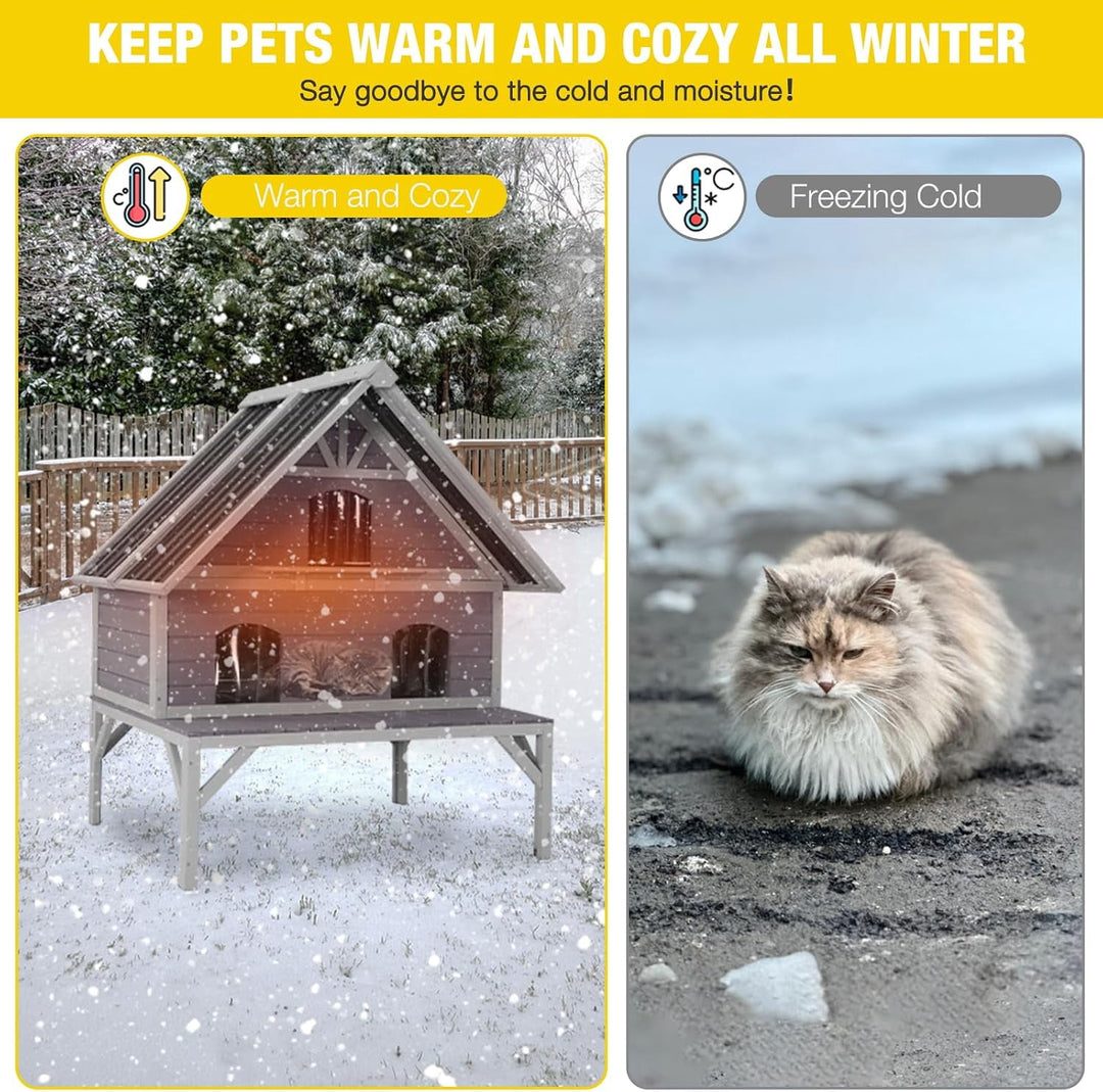 MEDEHOO 2-Story Outdoor Cat House Weatherproof Insulated Feral Cat Shelter with Waterproof Roof, Elevated Floor, Escape Door for 1-4 Indoor Outdoor Cats