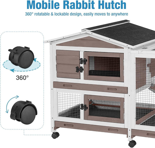MEDEHOO Rabbit Hutch Indoor, 62’’ Bunny Hutch Outdoor, Mobile Rabbit House with Wheels, Wooden Bunny Cage with Leakproof Tray, Chew-Proof Ramp for Guinea Pig(Brown) AIR19-B-D11
