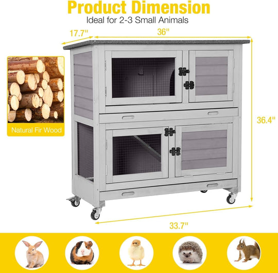 MEDEHOO 36" L Rabbit Hutch Indoor Bunny Cage Outdoor 2 Story Bunny Hutch with Weatheproof Roof Pull-Out Tray Ramp Large Guinea Pig Cage on Wheels