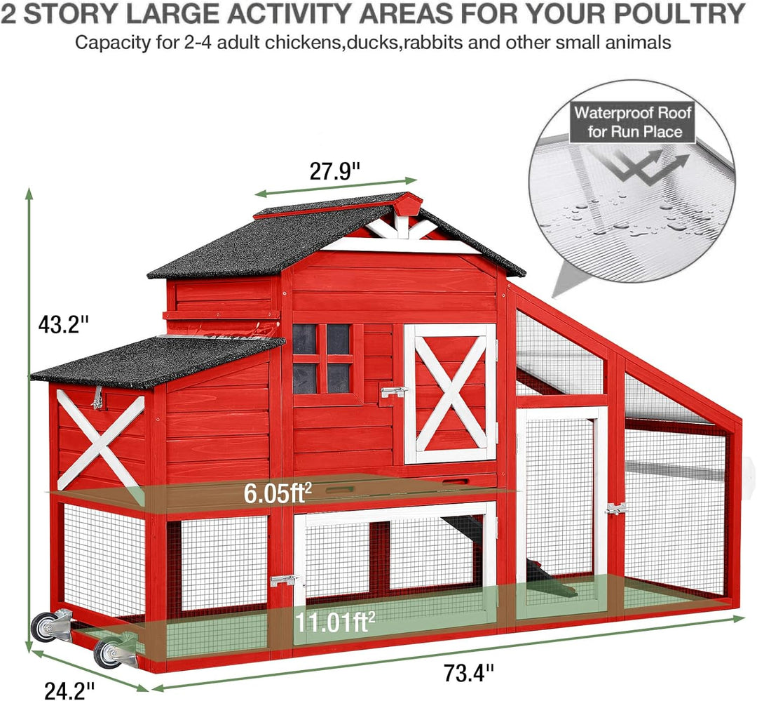 MEDEHOO Outdoor Chicken Coop with Run, 2-Story Wooden Hen House with Wheels, Waterproof Roof &amp; Pull-Out Tray for 2-4 Chickens (Red) AIR32-R-D11-WM