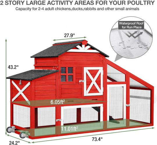 MEDEHOO Outdoor Chicken Coop with Run, 2-Story Wooden Hen House with Wheels, Waterproof Roof &amp; Pull-Out Tray for 2-4 Chickens (Red) AIR32-R-D11-WM