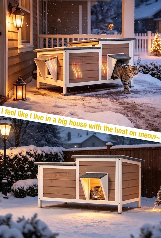MEDEHOO Large Heated Cat House with Liner, Weatherproof Cat Shelter, Outdoor Insulated Windproof Feral Cat Shelter with Heating Pad, Chewproof Cable, Escape Door for 2-4 Cats in Winter, Brown
