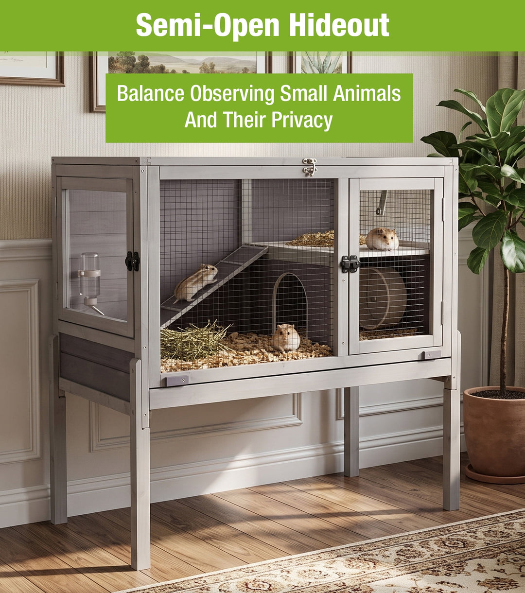 MEDEHOO Indoor Guinea Pig Cage Rabbit Hutch with Chew-Proof Ramp, 2-Story Wooden Bunny House with Pull-Out Trays &amp; Leakproof PVC Layer, Small Animal Cages with Detachable Legs (Gray) AIR53-DG-PD