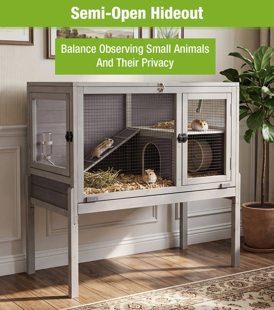 MEDEHOO Indoor Guinea Pig Cage Rabbit Hutch with Chew-Proof Ramp, 2-Story Wooden Bunny House with Pull-Out Trays &amp; Leakproof PVC Layer, Small Animal Cages with Detachable Legs (Gray) AIR53-DG-PD
