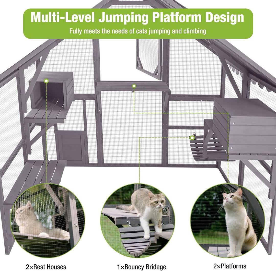 BUTINGLALE Catio Outdoor Cat Enclosures Wooden Cat House with Rest Houses, Platforms, Bridge, and Waterproof UV Cover - 55" D AIR52-MJ