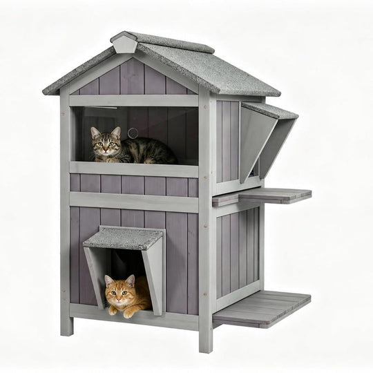 MEDEHOO 2-Story Wooden Outdoor Cat House, Weatherproof Feral Cat Shelter with Escape Doors, Two Large Side Doors and Balcony, Gray GUT94-M-WM