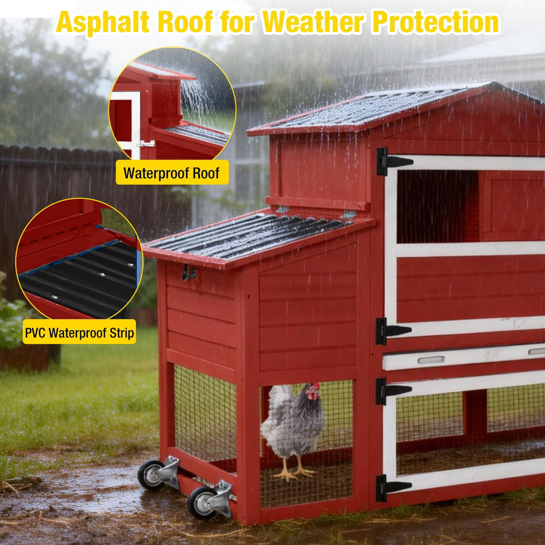 MEDEHOO Chicken Coop with Run and Wheels, Mobile Outdoor Hen House Wooden Poultry Cage with Waterproof Roof